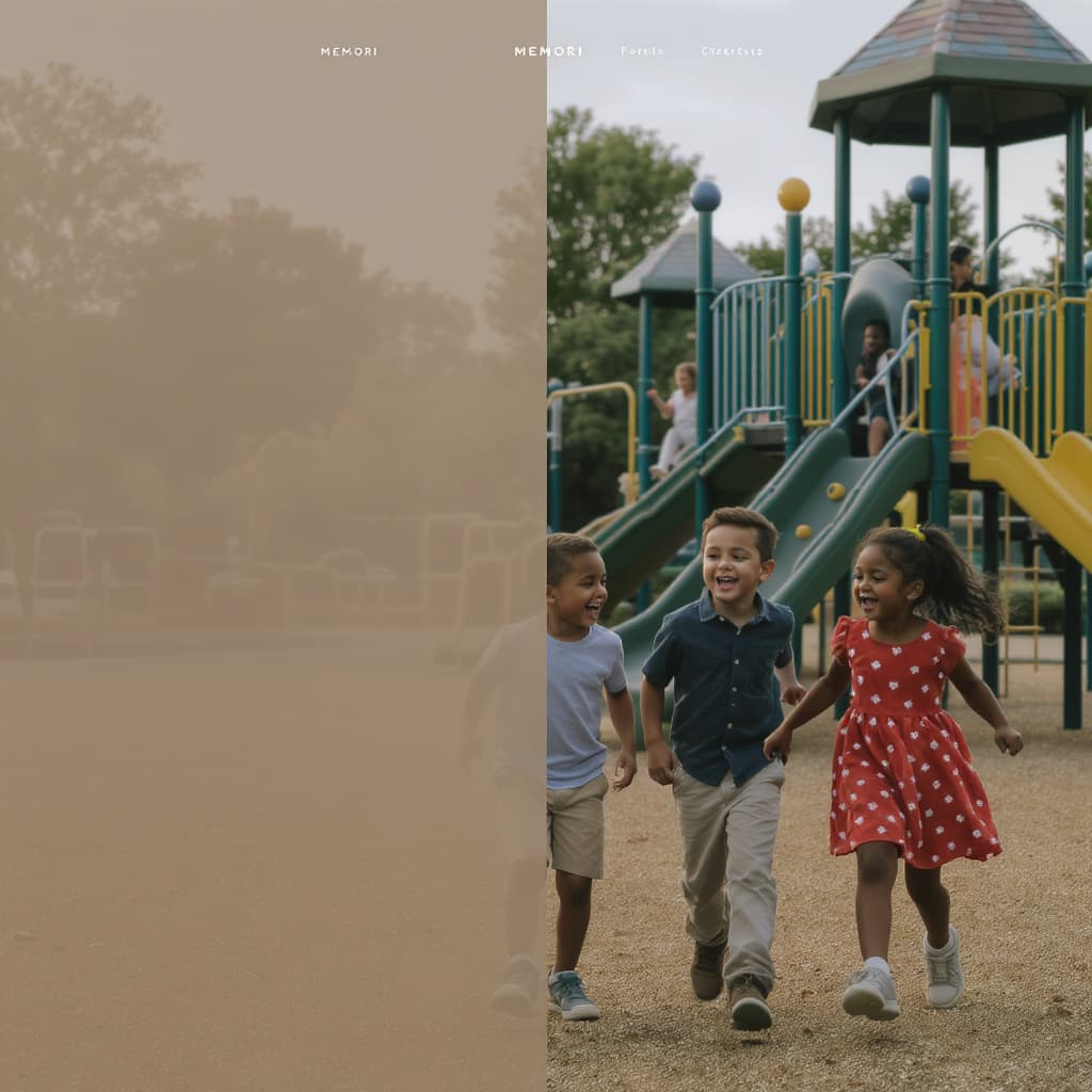 Children of diverse backgrounds playing together on a quiet playground in soft late afternoon light — an inclusive family scene for MEMORI.
